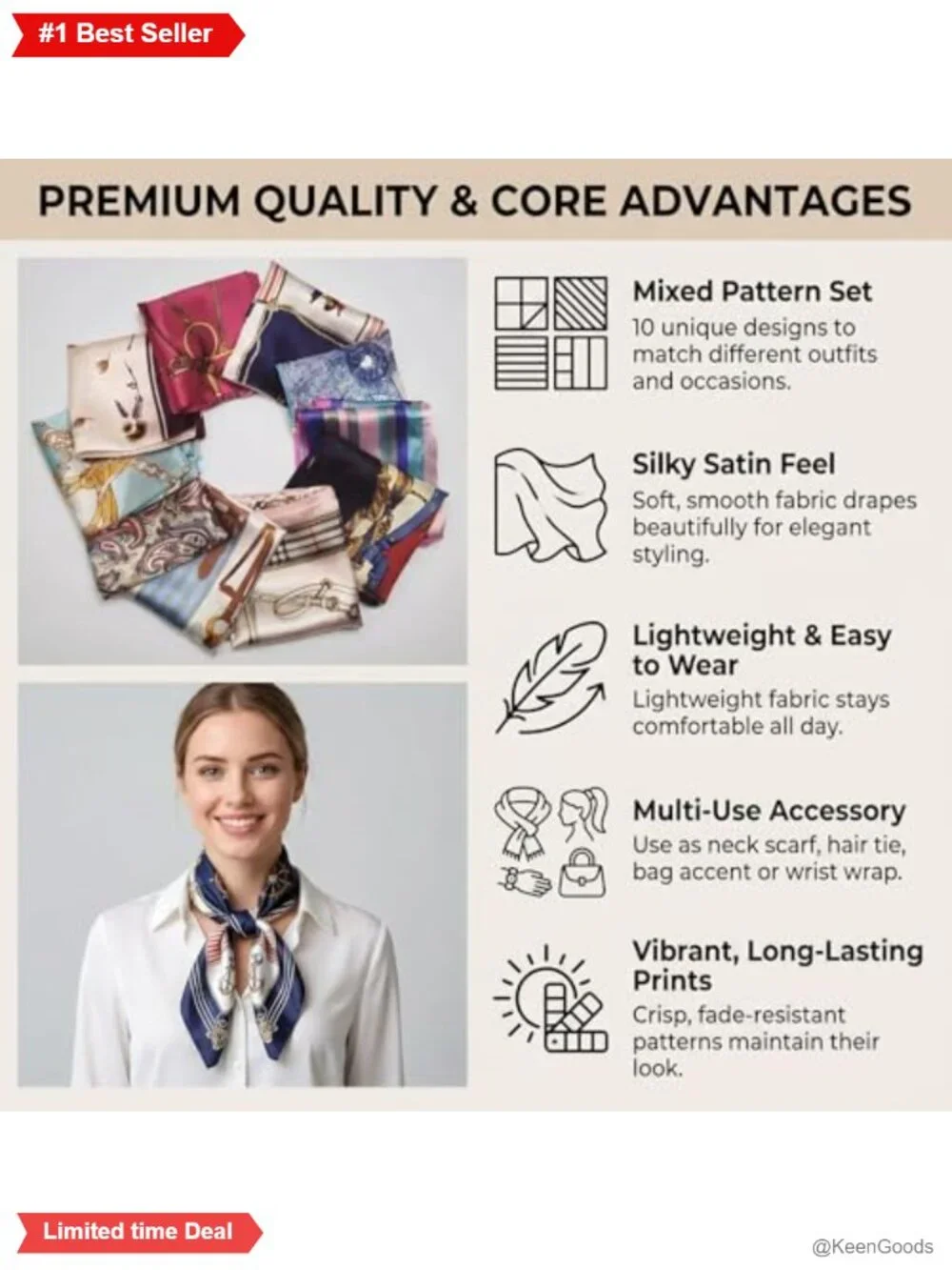 Satin Square Scarf Set Soft Polyester Blend Head Neck Hair Scarves 20x20 Inch